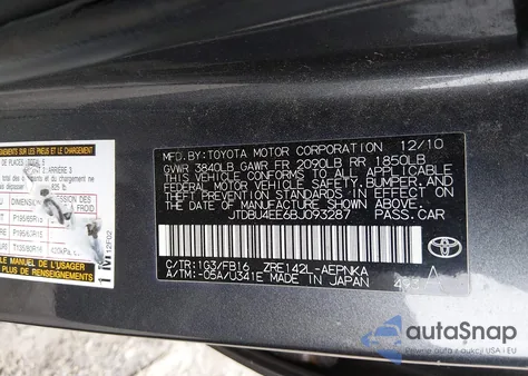 2011 Toyota Corolla Le from USA, damaged, VIN JTDBU4EE6BJ093287